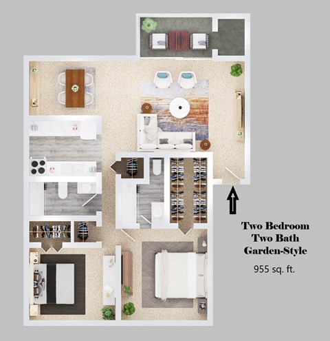 Floor plan for 2 beds, 2 baths, 955 sqft